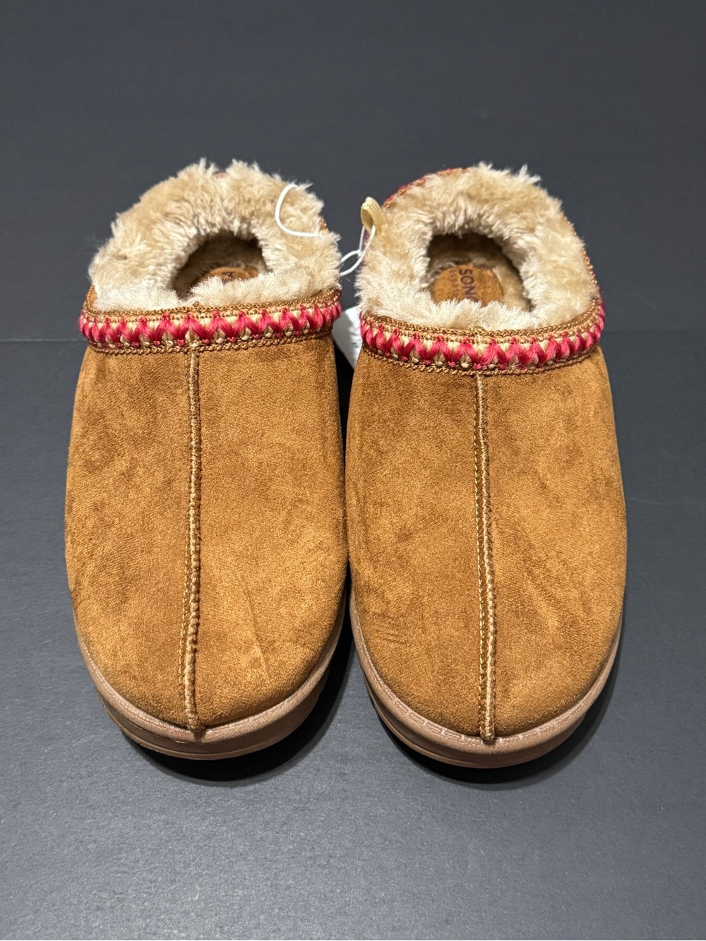Kohl's Kids Faux-Suede Pembroke Slip-On Slippers in Chestnut with Red Trim